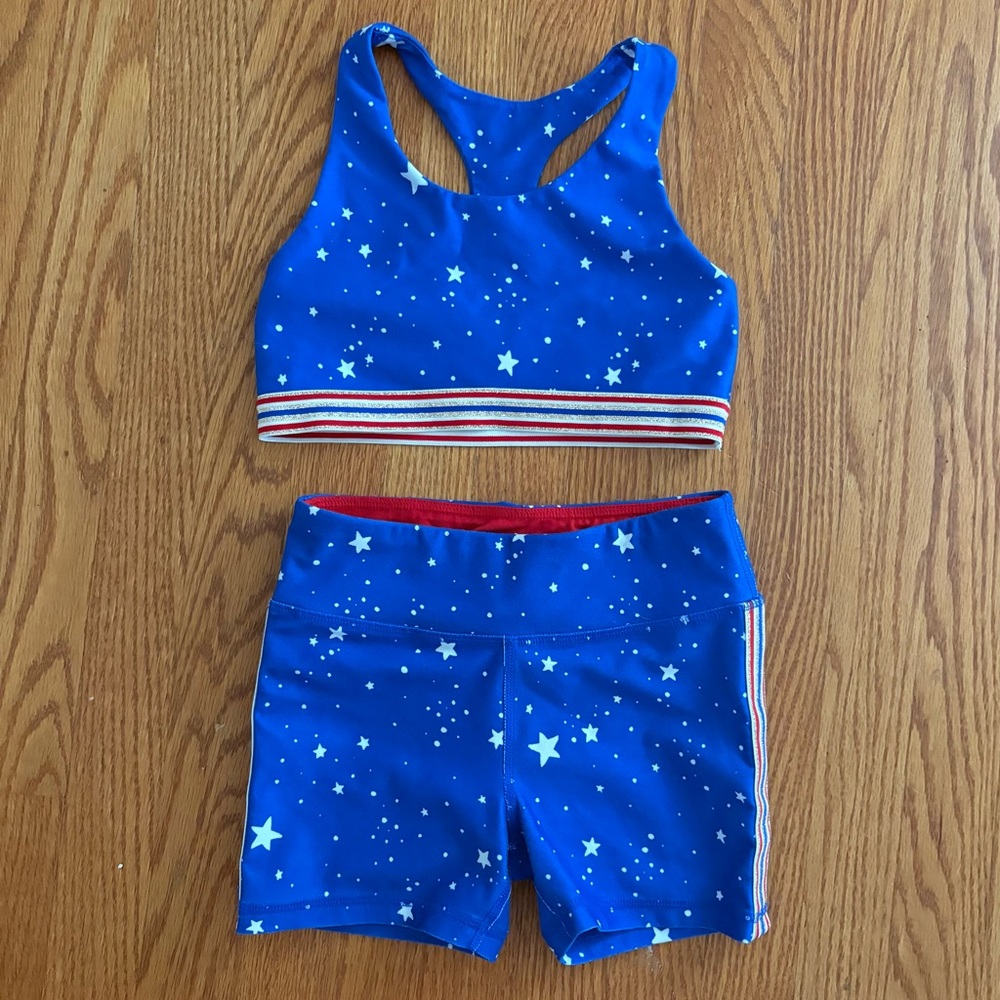 DSG Patriotic Blue Star Print Sports Bra & Shorts Set Cheer Gymnastics Sporty M